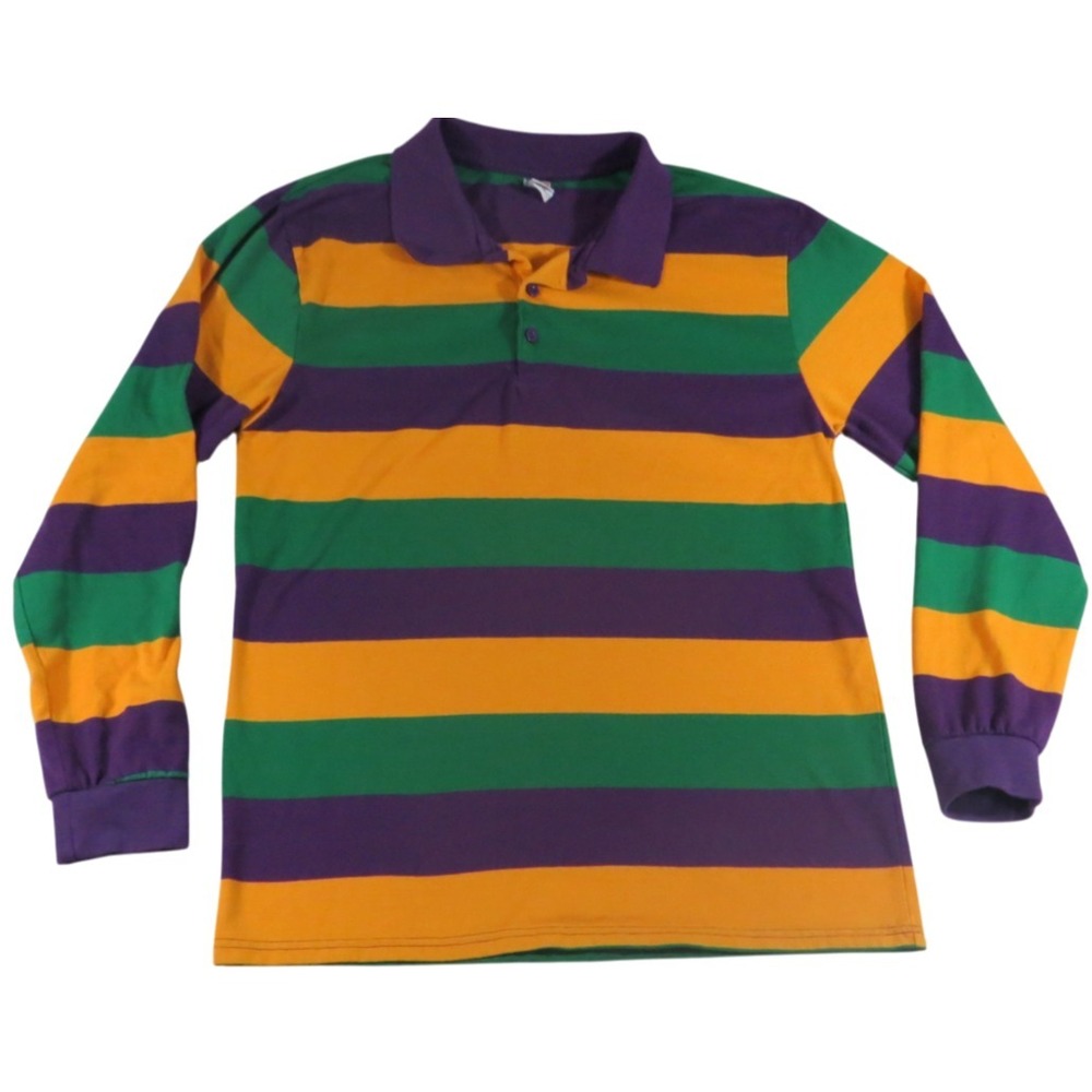JJJ Sports VTG 90s Rugby Polo Shirt Striped Long Sleeve Purple Gold Green Men M